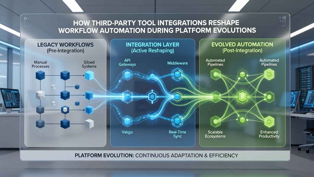 Team collaborating on workflow automation dashboards with third-party integration layers visible