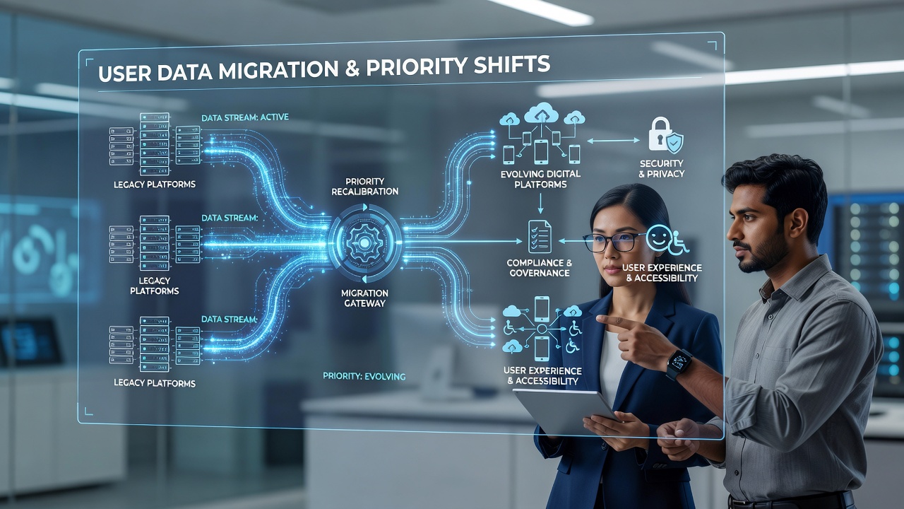 Team reviewing encrypted data migration logs on multiple monitors during a platform transition